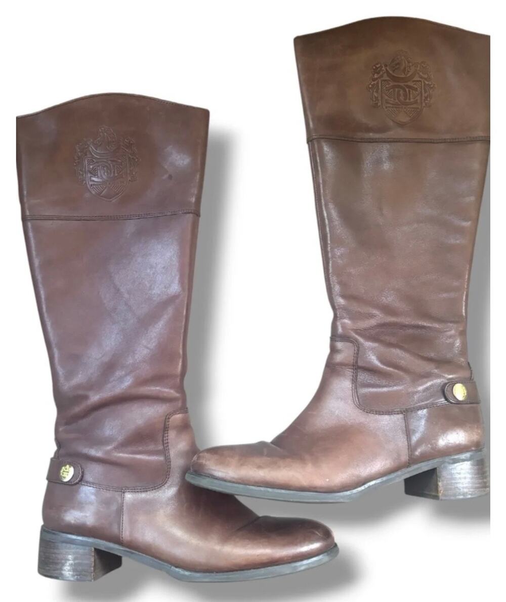 Etienne Aigner E-Chip Tall Riding Boots Size 8 Oxford Brown Leather Equestrian